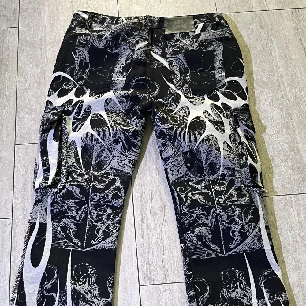 Rebel Vengeance Pants Mens 34x34 Black Flame Tapestry Cargo Gothic Stacked Fit